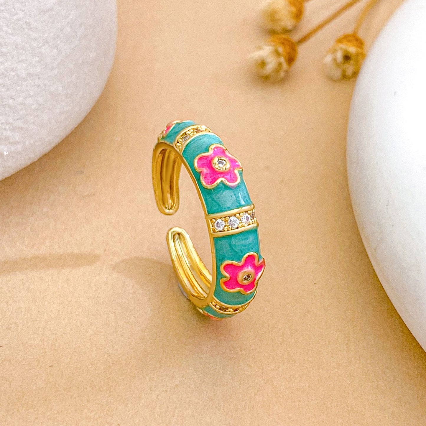 Sweet Floral Enamel Drip Oil Brass Ring with Cubic Zirconia Inlay 18K Gold Plated Adjustable for Women