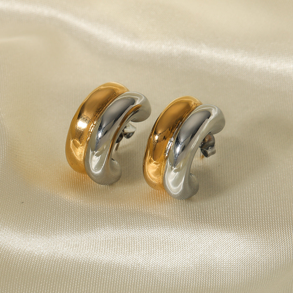 Orecchini a cerchio geometrici minimalisti a forma di C in acciaio inossidabile placcati oro e argento da donna