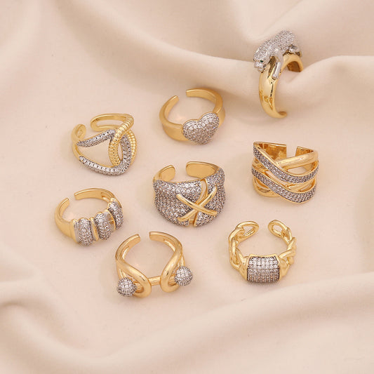 Geometric Heart-Shaped Copper Ring with Zircon Inlay for Women