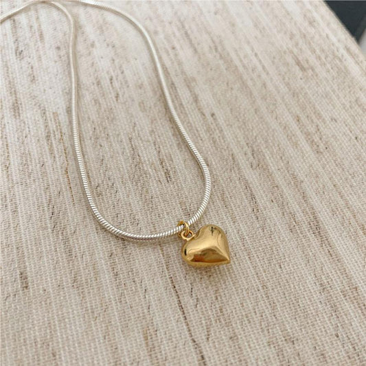 Minimalist Heart-Shaped 925 Sterling Silver Snake Chain Necklace with Geometric Design