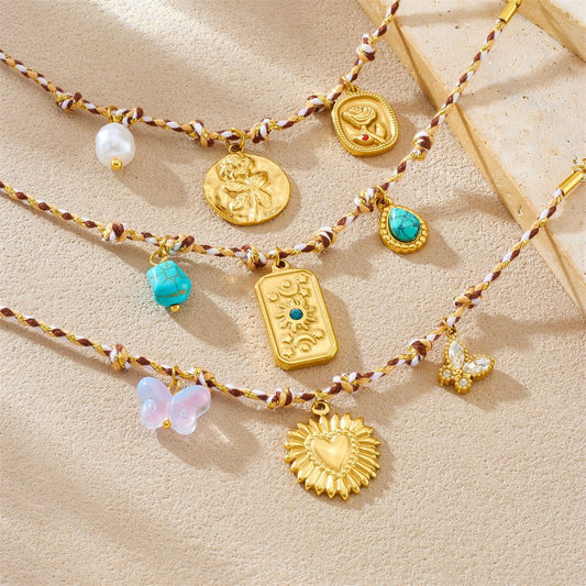 Bohemian Vintage Gold Plated Stainless Steel Bracelet with Heart Floral Butterfly Round Square Charms