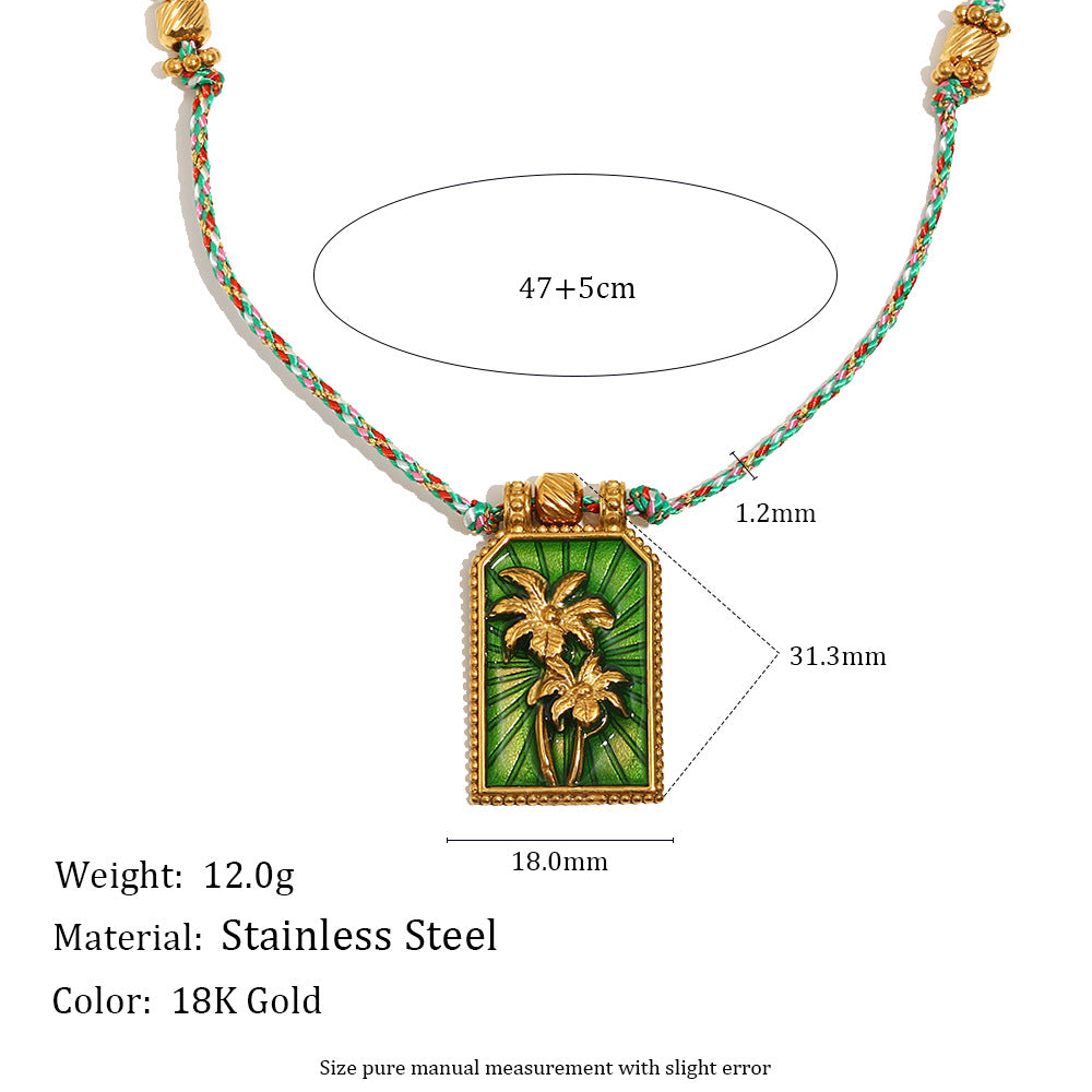 Minimalist Geometric Stainless Steel Plated 18K Gold Coconut Tree Tarot Pendant Necklace for Women with Enamel Detail and Colorful Braided Cord