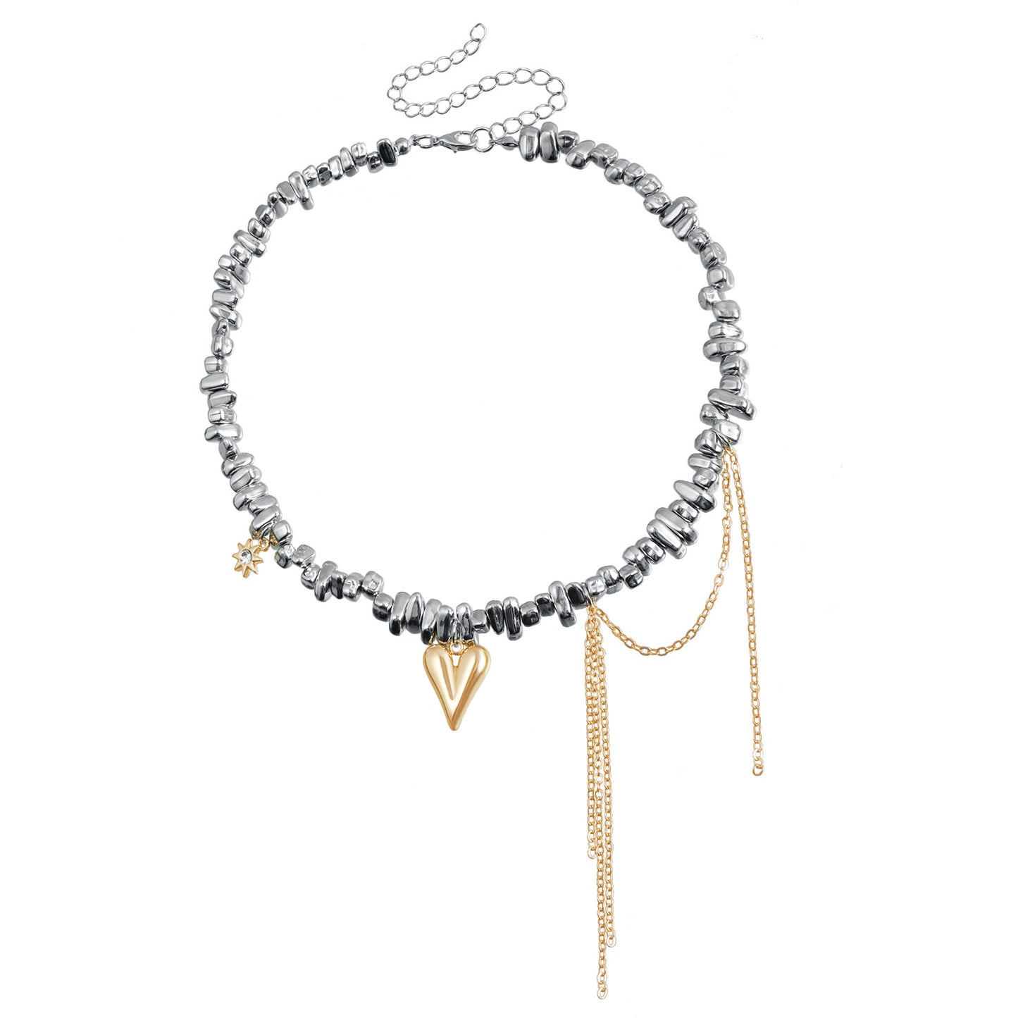 Collar con colgante de moda en forma de corazón con borla y cuentas irregulares en aleación con acabado chapado para mujer