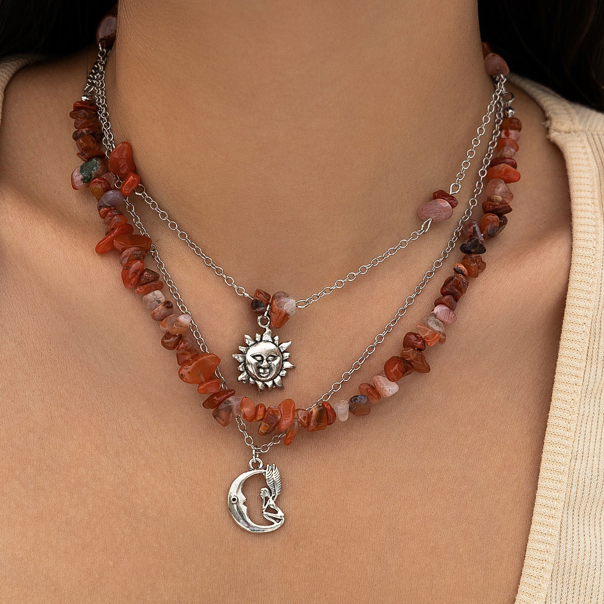 Collar con colgante de hoja floral dulce y atrevido con borlas, dijes de estrella y diseño de cuentas en aleación con galvanoplastia en cadena de cuentas redondas para mujer