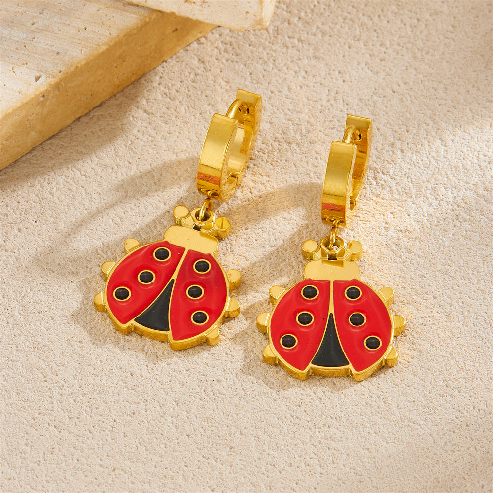 Fashion Cartoon Drip Oil Stainless Steel Butterfly Ladybug Bee Pendant Jewelry Set with Serpentine Chain for Women