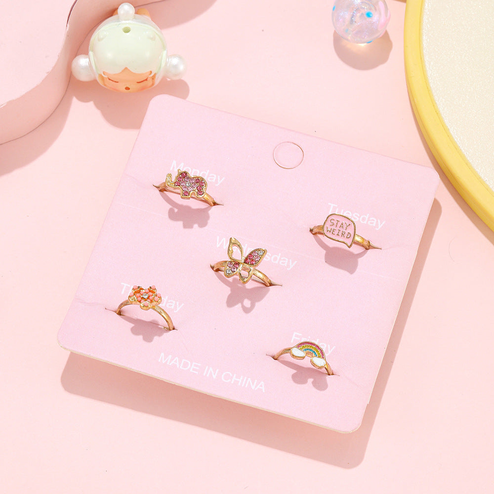Anello Regolabile per Bambini a Cartone Animato con Farfalla Arcobaleno in Lega con Finitura Smaltata e Intarsio di Strass