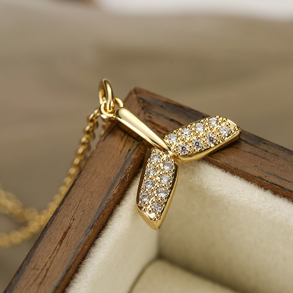 Minimalist Butterfly-Shaped Copper Pendant Necklace with Zircon Accents for Women