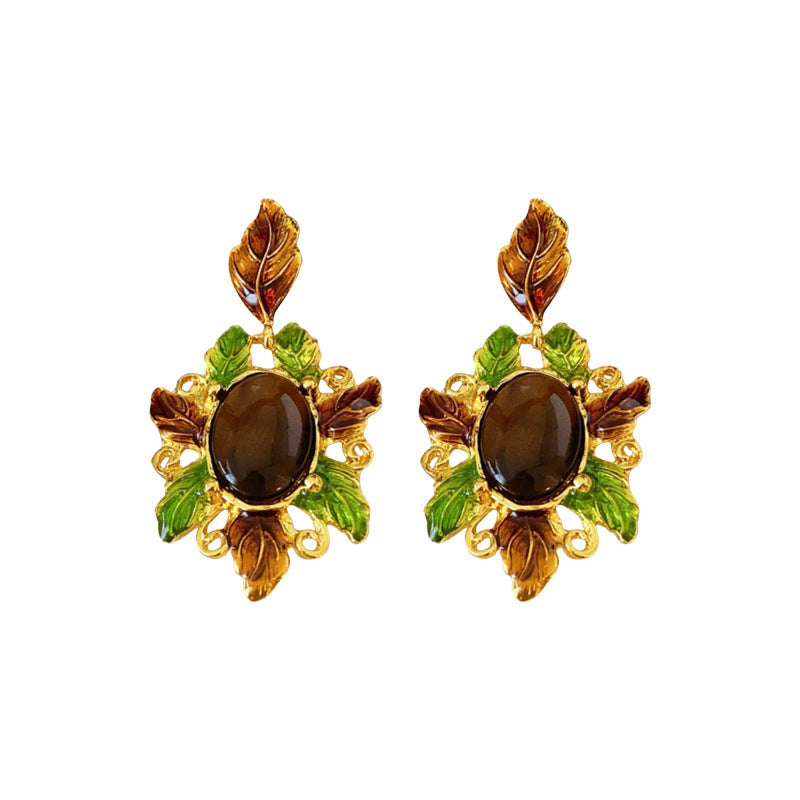 Vintage Floral Leaf Waterdrop Geometric Pearl Stud Earrings with Rhinestone Inlay and Enamel Finish for Women