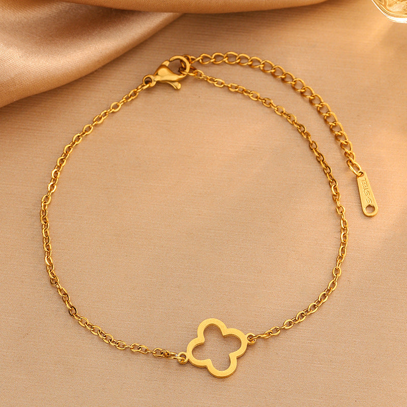 Elegant Hollow Four-Leaf Clover Stainless Steel Plated Necklace Bracelet Earring Set for Women