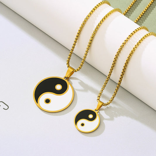 Collar con colgante geométrico de Yin Yang estilo chino de acero inoxidable con acabado de esmalte para unisex, cadena de perlas
