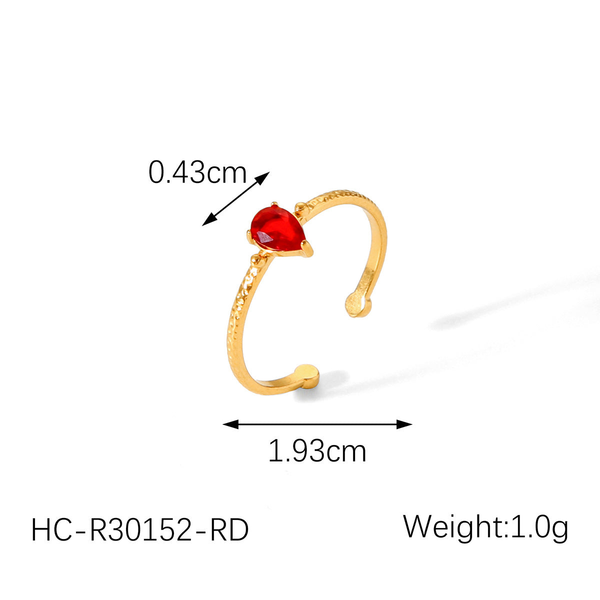 Vintage French Light Luxury 18K Gold Plated Stainless Steel Zircon Waterdrop Hammered Texture Open Ring for Women