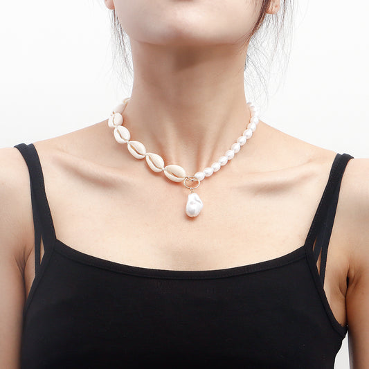 Collana da donna a conchiglia geometrica in perle artificiali, casual da spiaggia, tessuta a mano, con corpo in lega e finitura placcata