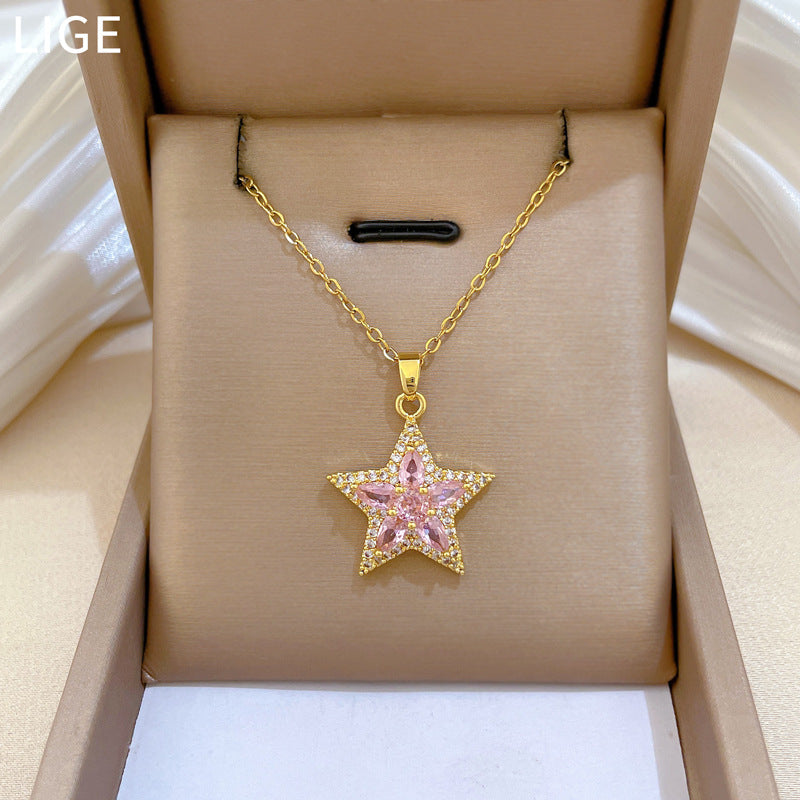 Sweet Minimalist Pink Star Rhinestone Inlay Titanium Steel Necklace for Unisex