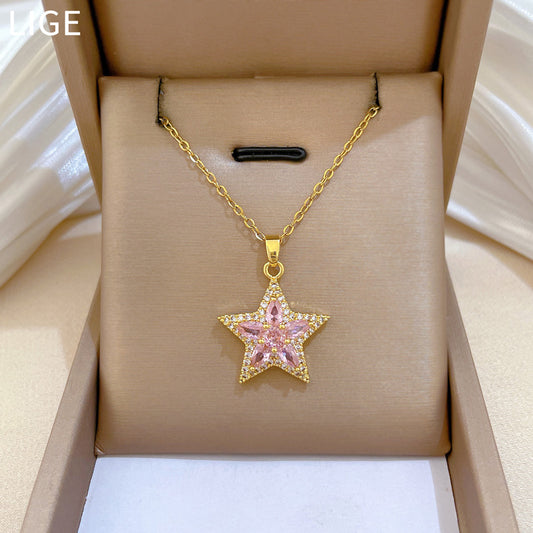 Sweet Minimalist Pink Star Rhinestone Inlay Titanium Steel Necklace for Unisex