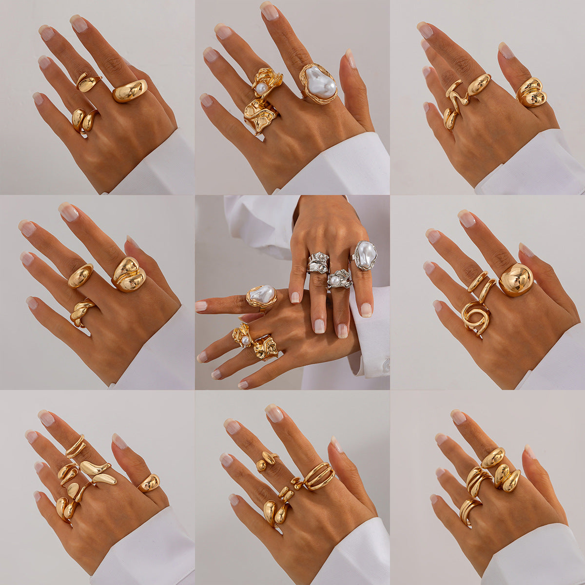 Sweet Geometric Baroque Pearl Alloy Plated Ring Set for Women