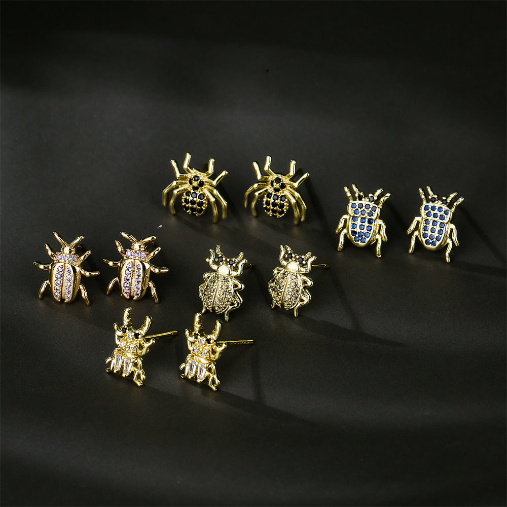 Geometric Insect Design Copper Earrings with Real Gold Plating and Zirconia Accents for Women