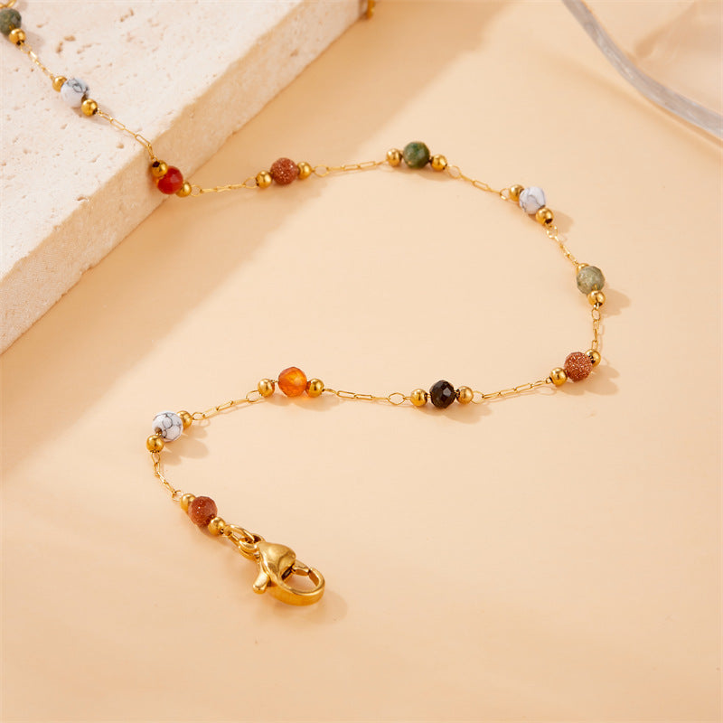 Vintage Bohemian Colored Stones Stainless Steel Plated Chain Bracelet