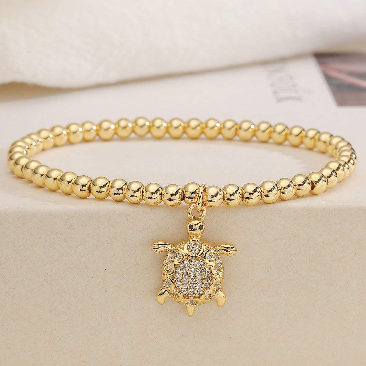 Fashion Cute 18K Gold Plated Cubic Zirconia Turtle Animal Brass Ball Chain Bracelet for Women