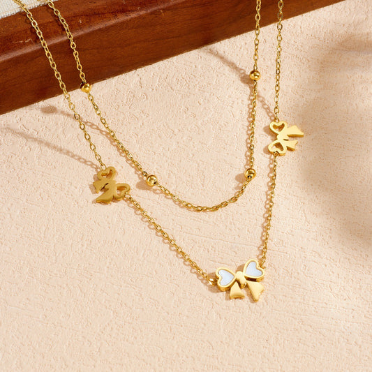 Minimalist Luxury Gold Plated Stainless Steel Bow Pendant Double Layer Necklace Set for Women