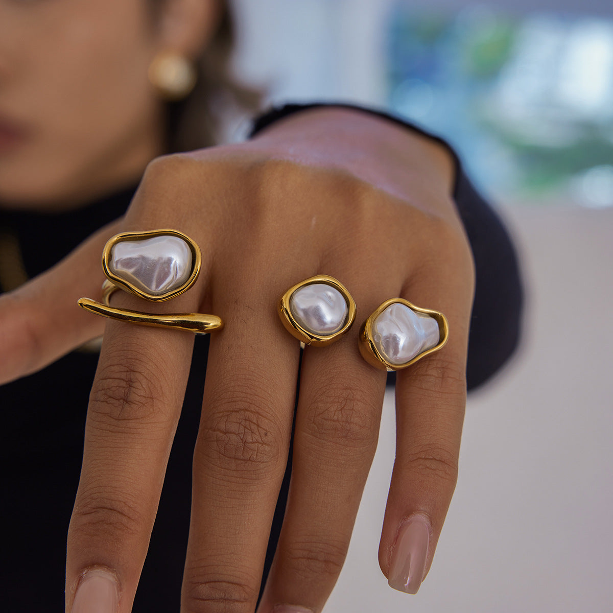 Anillo de acero de titanio con forma geométrica ovalada, inspirado en perlas barrocas, para mujer, con acabado chapado, joyería de mano de lujo minimalista