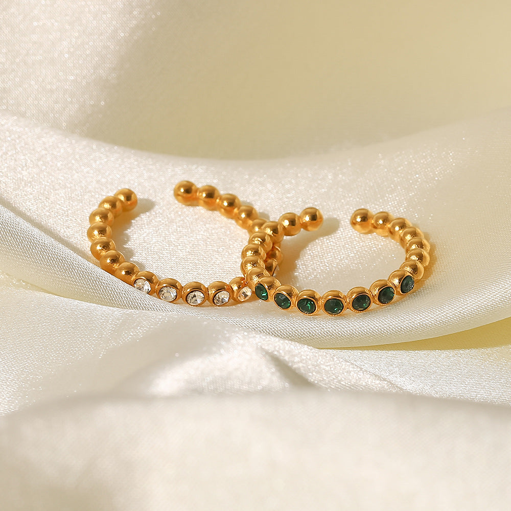 Anillo de Acero Inoxidable Estilo INS Geométrico con Chapado en Oro de 18K y Detalles de Zirconia Blanca o Verde para Mujer