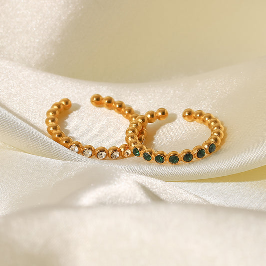 INS Style Geometric Stainless Steel Ring with 18K Gold Plating and White or Green Zirconia Accents for Women