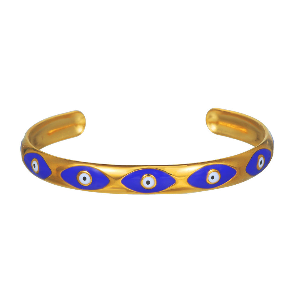Vintage Drip Oil Plated Round Evil Eye Stainless Steel Open Cuff Bracelet for Women