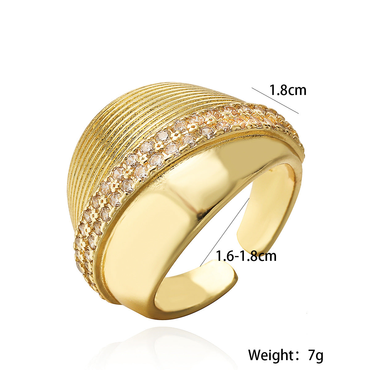 Anello aperto geometrico vintage da donna in ottone placcato oro 18 carati e zirconi micropavé