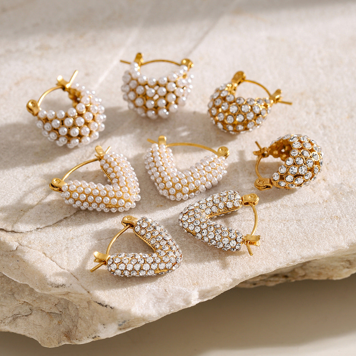 Fashion 18K Gold Plated Stainless Steel Hollow Basket Rhinestone Pearl Earrings for Women