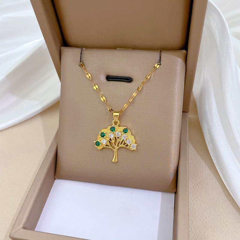 Minimalist Geometric Tree of Life Pendant Necklace in Stainless Steel with Rhinestone Accents for Women and Men