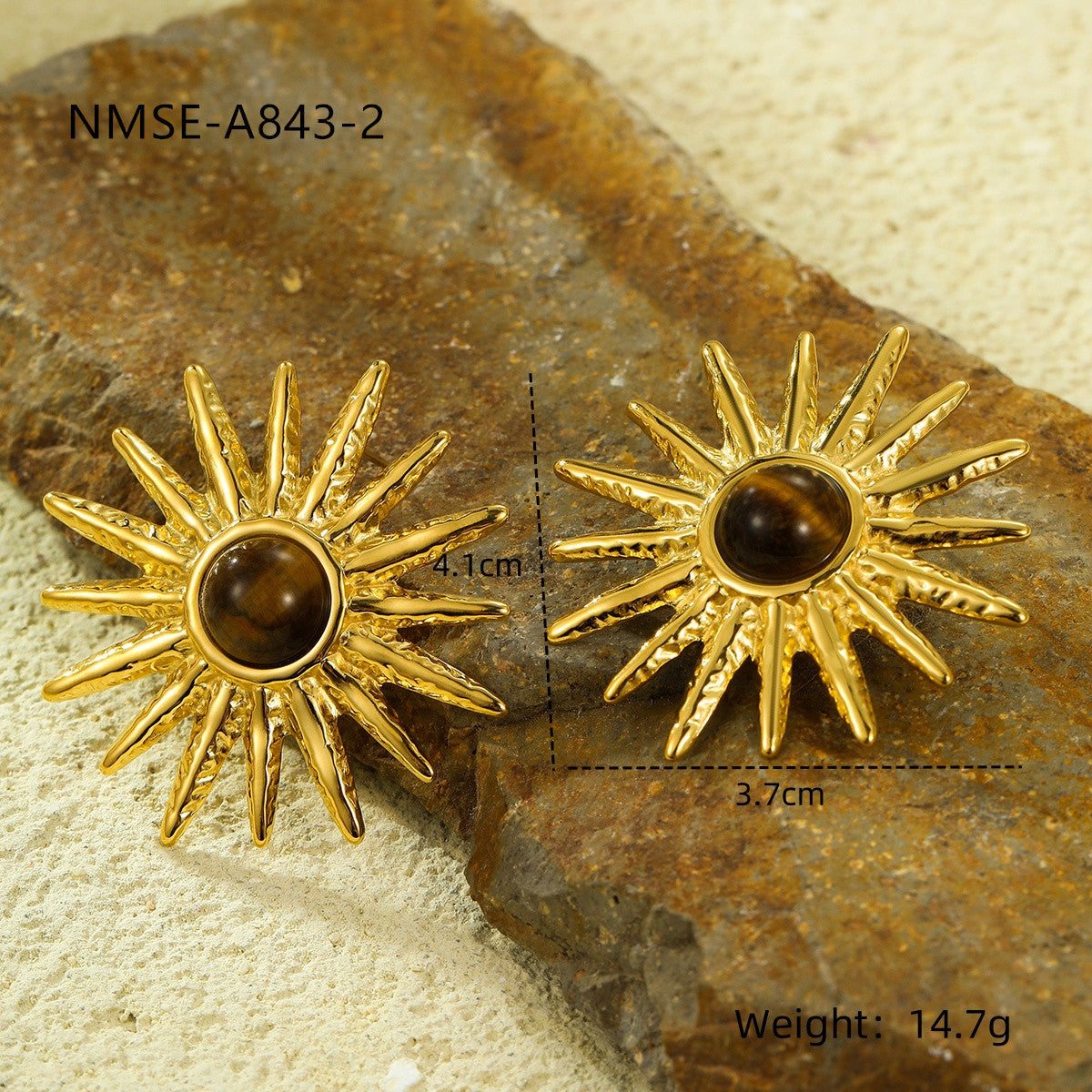 Pendientes de acero inoxidable en forma de girasol, estilo francés vintage, con piedra natural de ojo de tigre, diseño minimalista