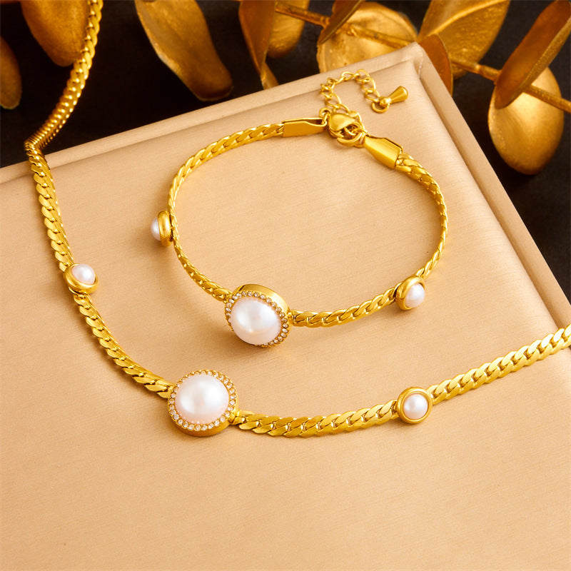 Minimalist Elegant Round Pearl Rhinestone Inlay Stainless Steel Necklace and Bracelet Set with Rope Chain