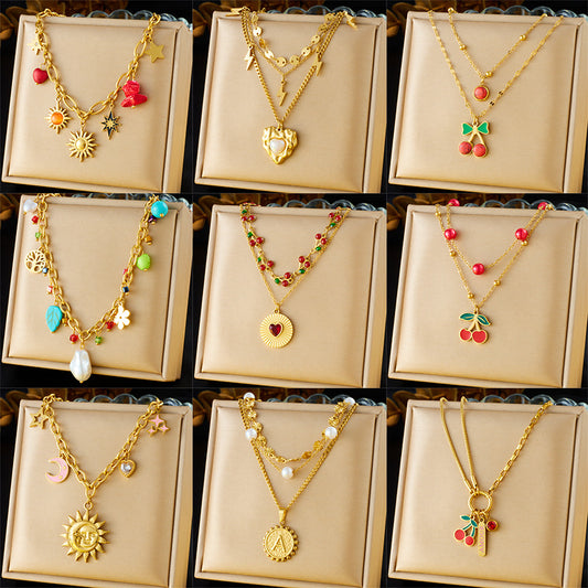 Vintage Double Layer Stainless Steel Necklace with Rhinestone and Drip Oil Cherry Heart Star Charms