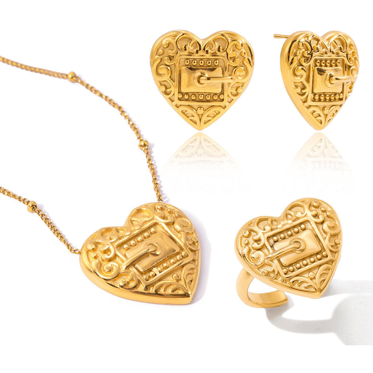 Set di Collana Minimalista a Cuore in Acciaio al Titanio Placcato per Donne, Include Orecchini, Pendente e Bracciale