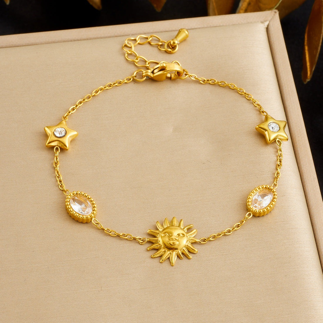 Minimalist Gold Plated Stainless Steel Oval Star Moon Face Sun Rhinestone Pendant Jewelry Set for Women