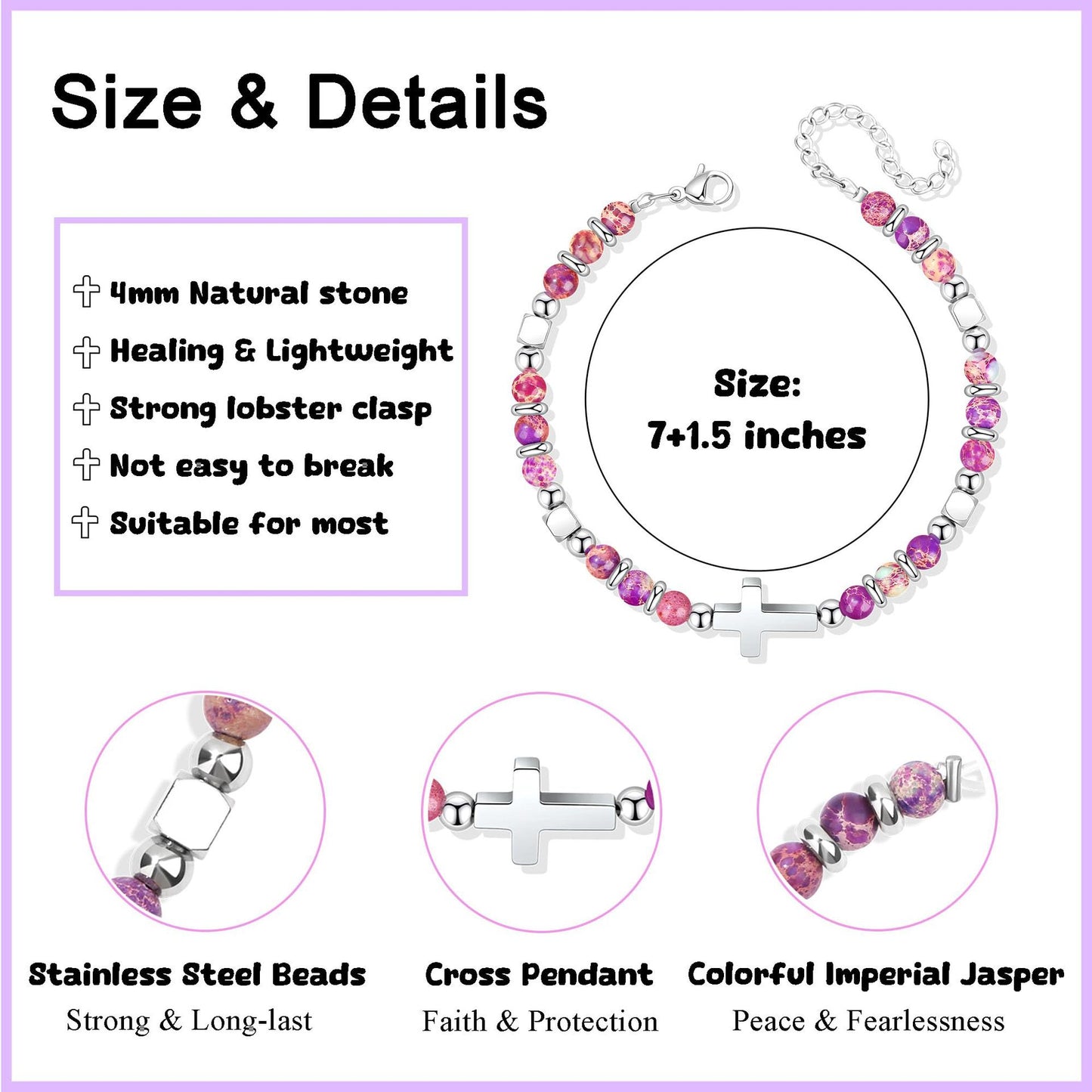 Sweet Geometric Cross Stainless Steel Bracelet with 4mm Amethyst and Amazonite Beads Unisex