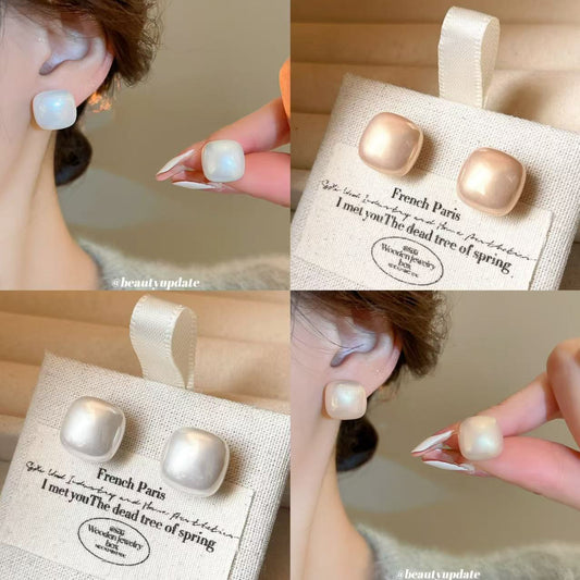 Geometric Square Pearl Stud Earrings with Gold Plated Silver Posts for Women
