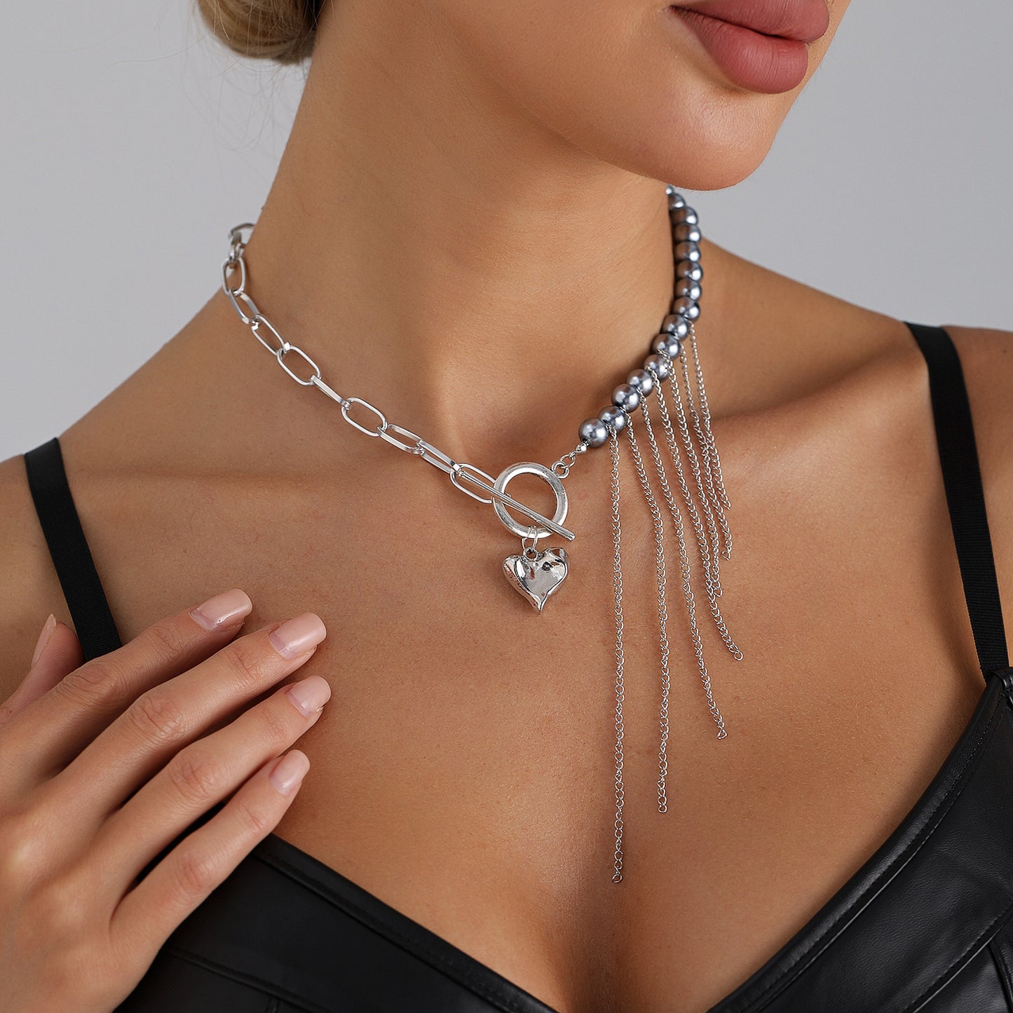 Irregular Heart Geometric Alloy Plated Pendant Necklace with Tassel and Gray Ball Chain