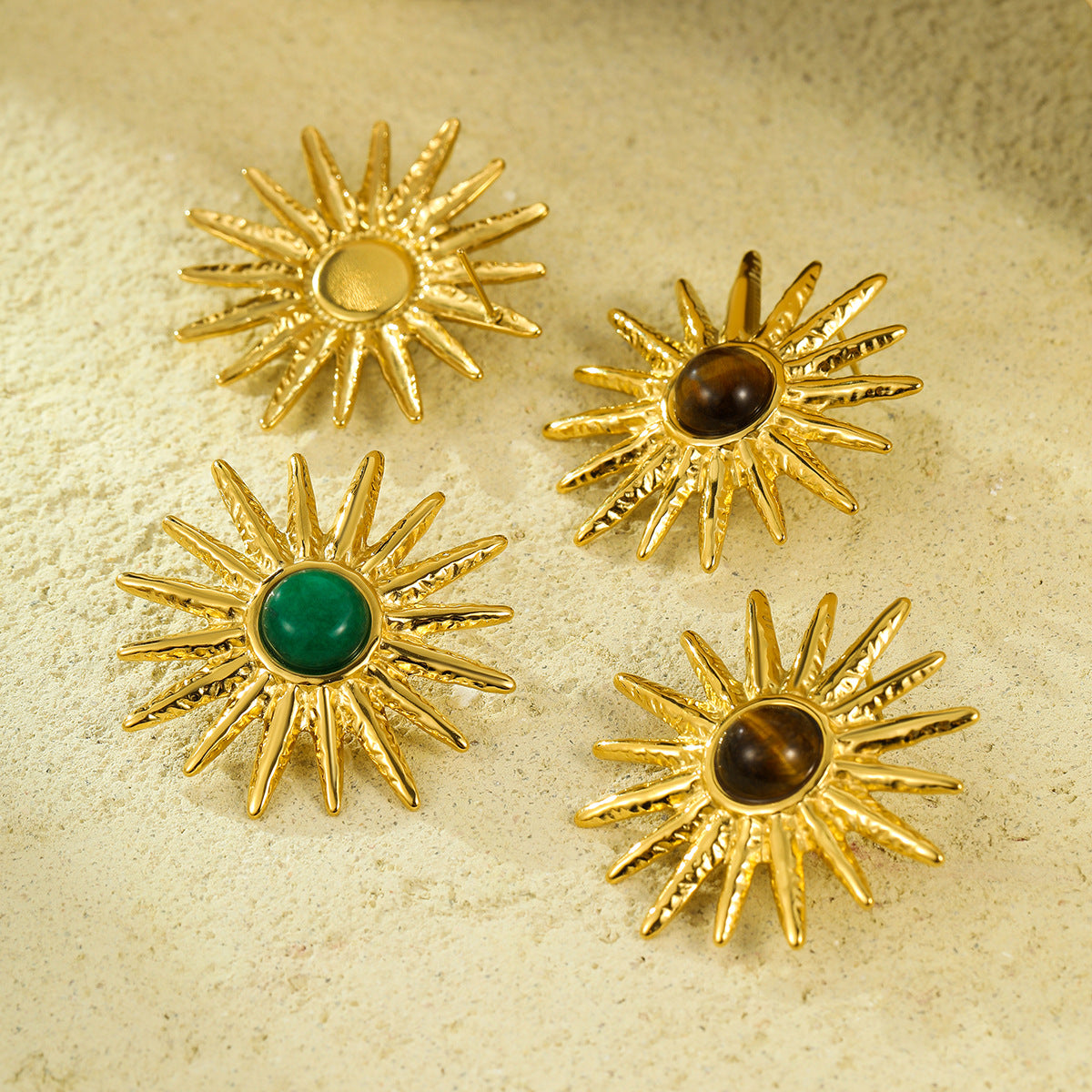 Pendientes de acero inoxidable en forma de girasol, estilo francés vintage, con piedra natural de ojo de tigre, diseño minimalista