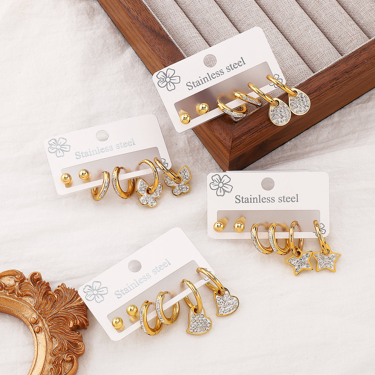 Minimalist Geometric Stainless Steel Rhinestone Ear Studs Set with Enamel Finish for Women