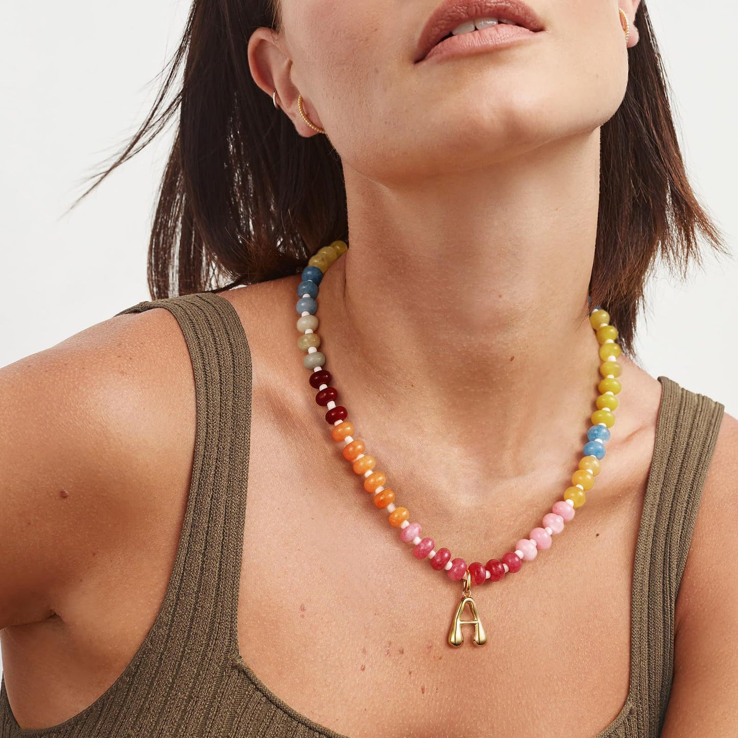 Colorful Abacus Bead Choker Necklace with 26 Bubble Letter Brass Pendants Serpentine Chain Unisex Stone Jewelry