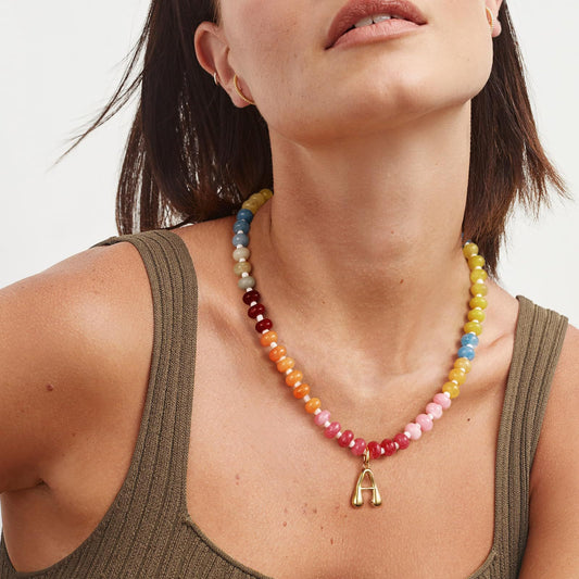 Colorful Abacus Bead Choker Necklace with 26 Bubble Letter Brass Pendants Serpentine Chain Unisex Stone Jewelry