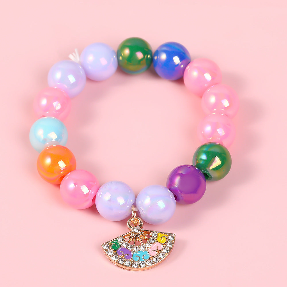 Pulsera de cuentas geométricas estilo dibujo animado para niñas con dije de esmalte en material de aleación para edades de 3 a 10+