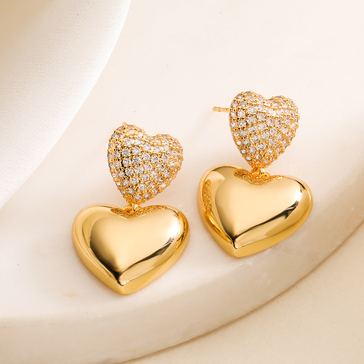 Minimalist Luxe Copper Gold-Plated Zircon Heart-Shaped Earrings for Women