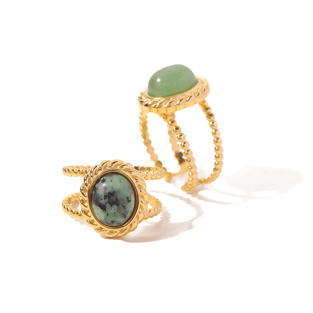 Anello da donna in acciaio inossidabile con motivo geometrico stile vintage e intarsi in pietra naturale, anello alla moda con fascia aperta regolabile