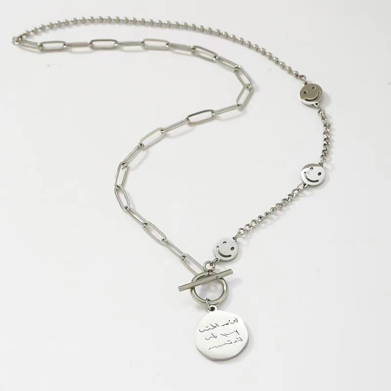 Minimalist Geometric Smiley Face Pendant Necklace for Women Stainless Steel Locket Chain with Plated Finish