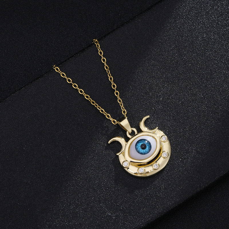 Collar con colgante de ojo turco geométrico vintage para mujer, chapado en cobre con oro real, cadena de serpiente, cadena de suéter ajustable