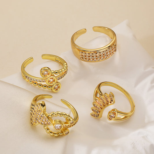 Geometric Open Ring for Women with Copper Base and Real Gold Plating, Micro-Paved Zirconia, Irregular Design, Fashionable Minimalist Style