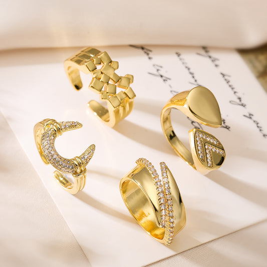 Minimalist Geometric Open Ring for Women Made of Brass with Real Gold Plating and Micro-Paved Zirconia