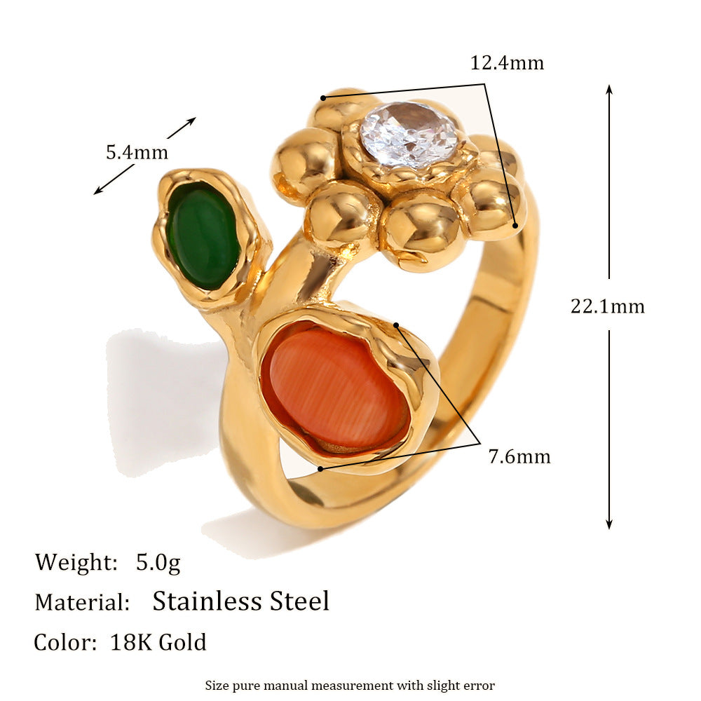 Vintage-Inspired Floral Geometric Stainless Steel Ring with 18K Gold Plating for Women